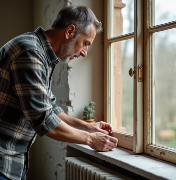Réparer ponts froids fenêtres : solutions efficaces et pratiques Homme appliquant du ruban isolant sur une vieille fenêtre en bois