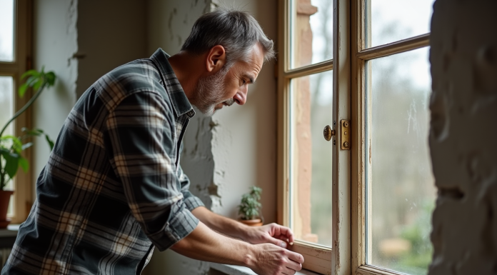 Homme appliquant du ruban isolant sur une vieille fenêtre en bois