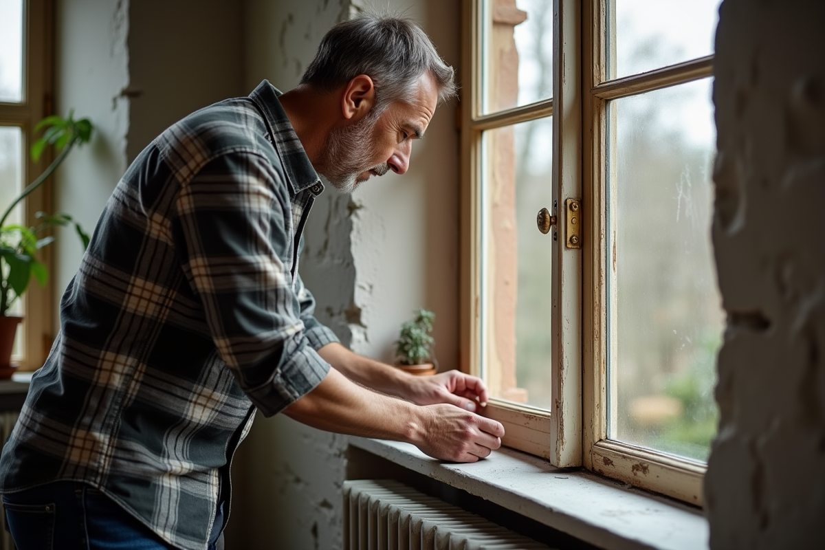 Homme appliquant du ruban isolant sur une vieille fenêtre en bois