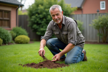 Homme en extérieur versant du compost sur le sol