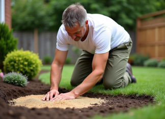 Engazonnement : comment chiffrer ? Tarifs & techniques pour réussir Homme en pantalon de travail et t-shirt blanc en train de semer du gazon