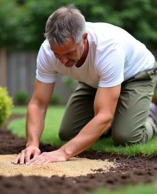 Homme en pantalon de travail et t-shirt blanc en train de semer du gazon