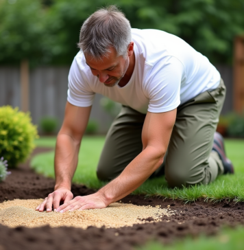 Engazonnement : comment chiffrer ? Tarifs & techniques pour réussir Homme en pantalon de travail et t-shirt blanc en train de semer du gazon