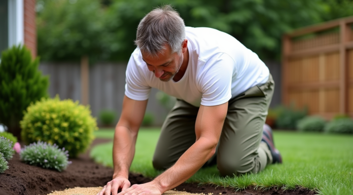 Homme en pantalon de travail et t-shirt blanc en train de semer du gazon