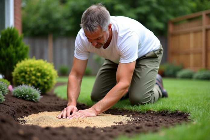 Homme en pantalon de travail et t-shirt blanc en train de semer du gazon