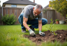Homme d'âge moyen inspectant la pelouse verte dans son jardin