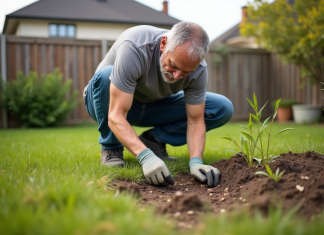 Herbe qui reprend vie : quand et comment après avoir bruni ? Homme d'âge moyen inspectant la pelouse verte dans son jardin
