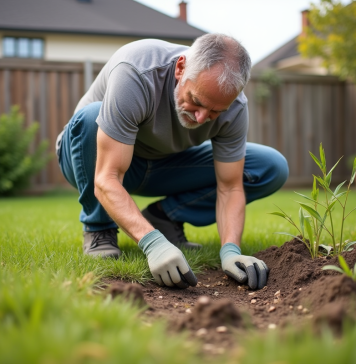 Herbe qui reprend vie : quand et comment après avoir bruni ? Homme d'âge moyen inspectant la pelouse verte dans son jardin