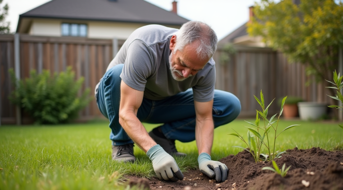 Homme d'âge moyen inspectant la pelouse verte dans son jardin