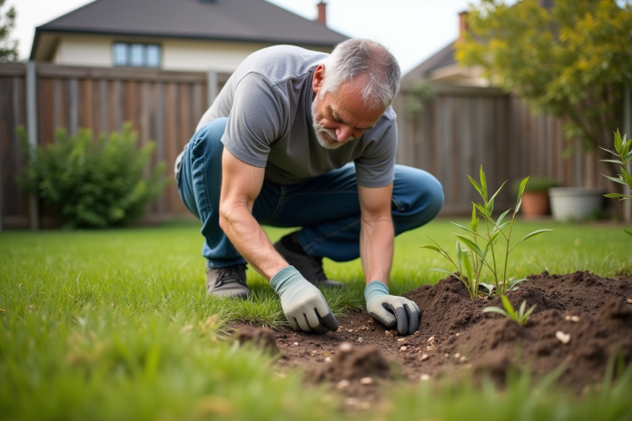 homme-jardinage-verde Homme d'âge moyen inspectant la pelouse verte dans son jardin
