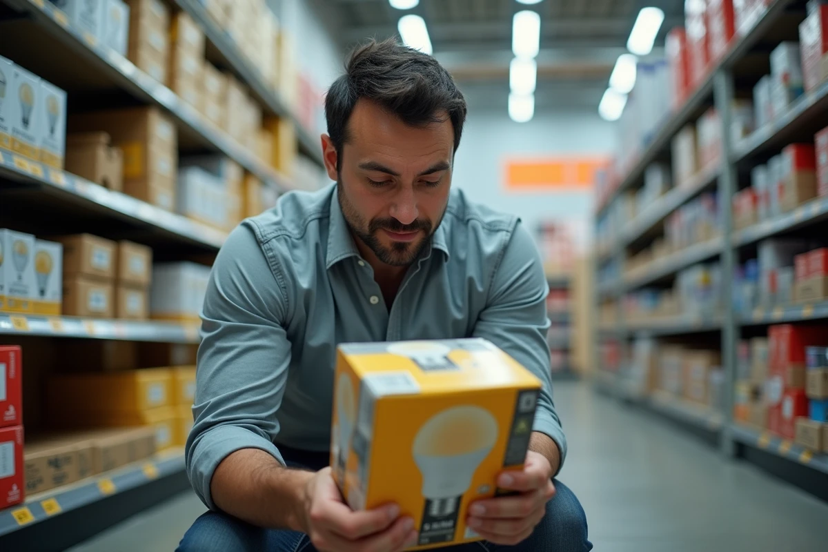 Homme lisant l'étiquette d'une boîte d'ampoule LED en magasin pour comprendre la correspondance lumens et watts