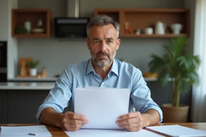 Homme d'âge moyen lisant des documents dans une cuisine moderne
