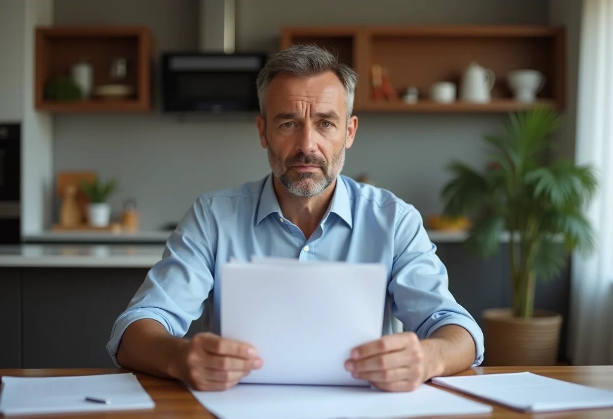 Homme d'âge moyen lisant des documents dans une cuisine moderne