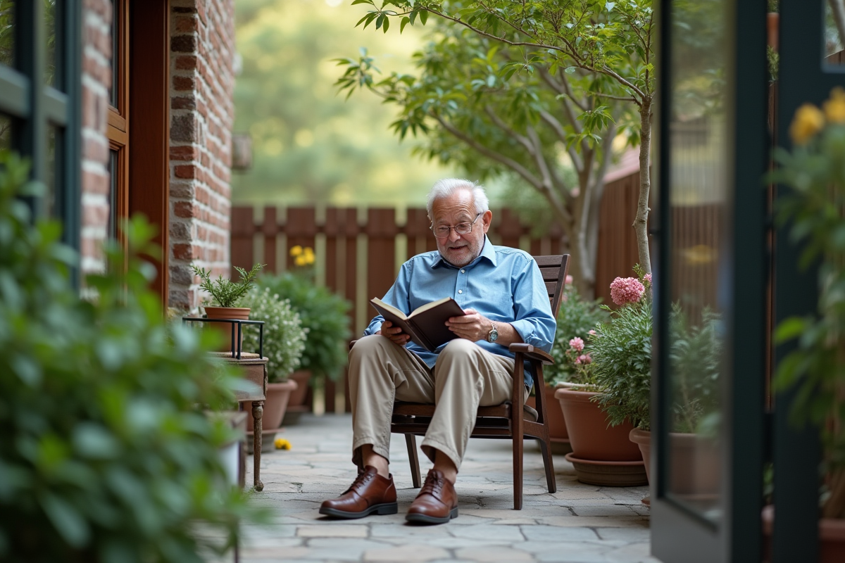 Homme âgé lisant sur la terrasse en plein air