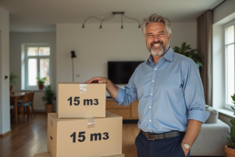 Homme d age moyen près de cartons marqués 15 m3 dans un appartement moderne