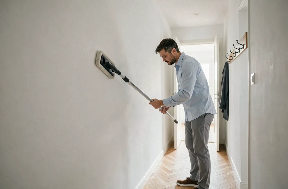 Homme nettoyant un mur haut dans un couloir avec un balai extensible à plat, sans utiliser d'escabeau