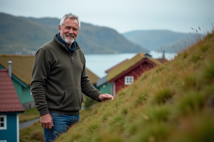 Homme norvegien inspectant un toit en herbe traditionnel