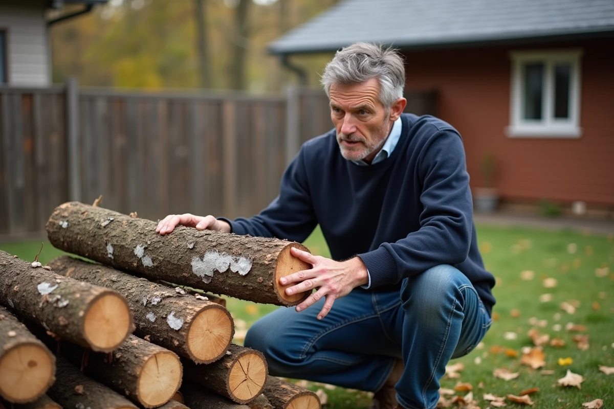 Homme examine un bois avec moisissure blanche dans le jardin