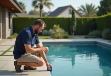 Homme ajustant le chauffage d'une piscine extérieure moderne