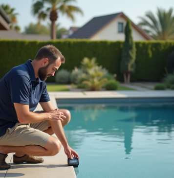 Homme ajustant le chauffage d'une piscine extérieure moderne