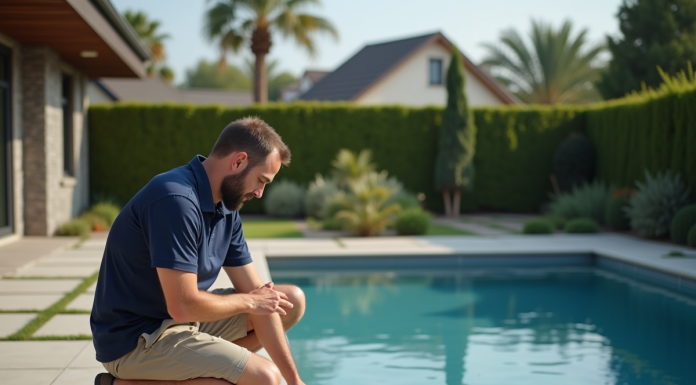 Homme ajustant le chauffage d'une piscine extérieure moderne