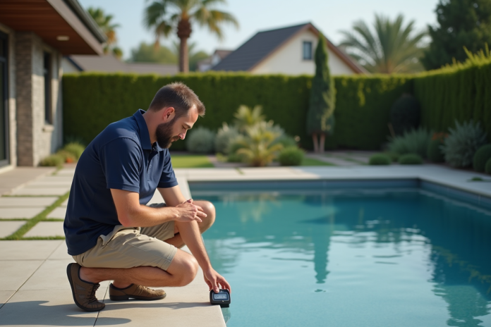 homme-reglant-piscine-exterieure Homme ajustant le chauffage d'une piscine extérieure moderne