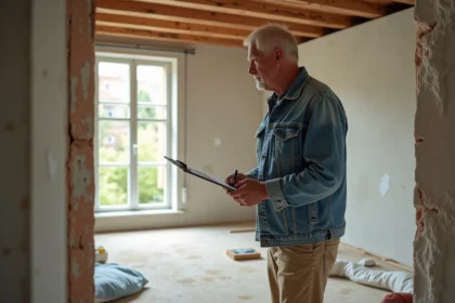 Homme d'âge moyen inspectant des matériaux de rénovation