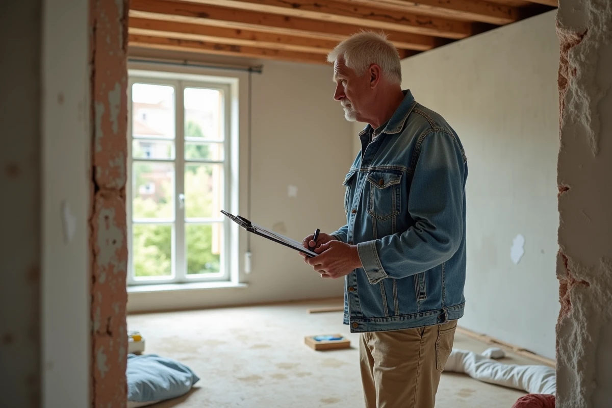 Homme d'âge moyen inspectant des matériaux de rénovation