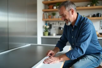 Homme d age moyen appliquant une bande de plastique sur un panneau métallique