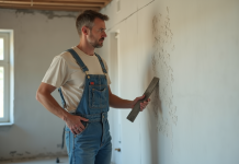 Homme en overalls observant une erreur sur un mur en plâtre