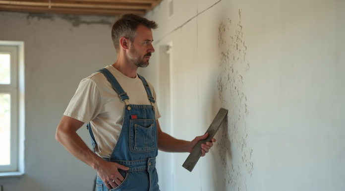 Homme en overalls observant une erreur sur un mur en plâtre