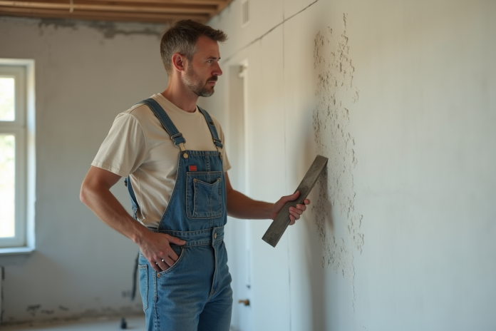 homme-repare-mur-enduit Homme en overalls observant une erreur sur un mur en plâtre