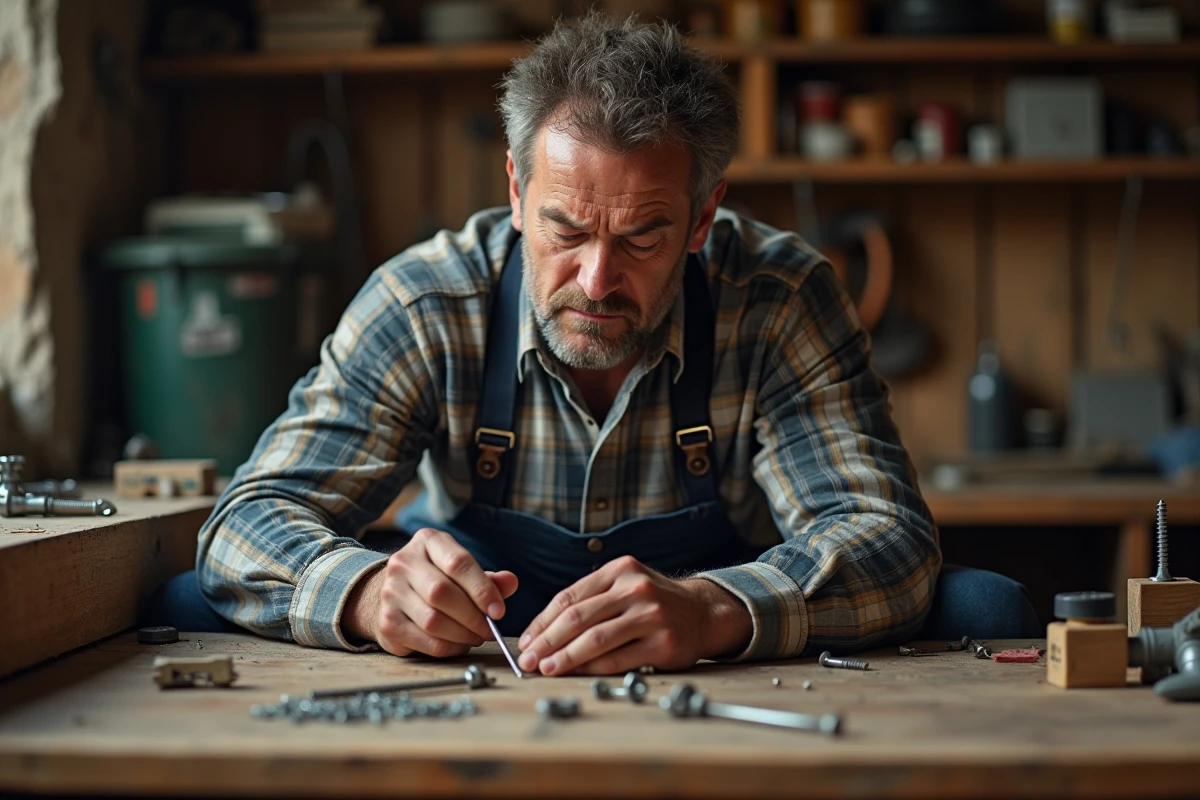 Homme d'âge moyen répare avec tournevis dans l'atelier