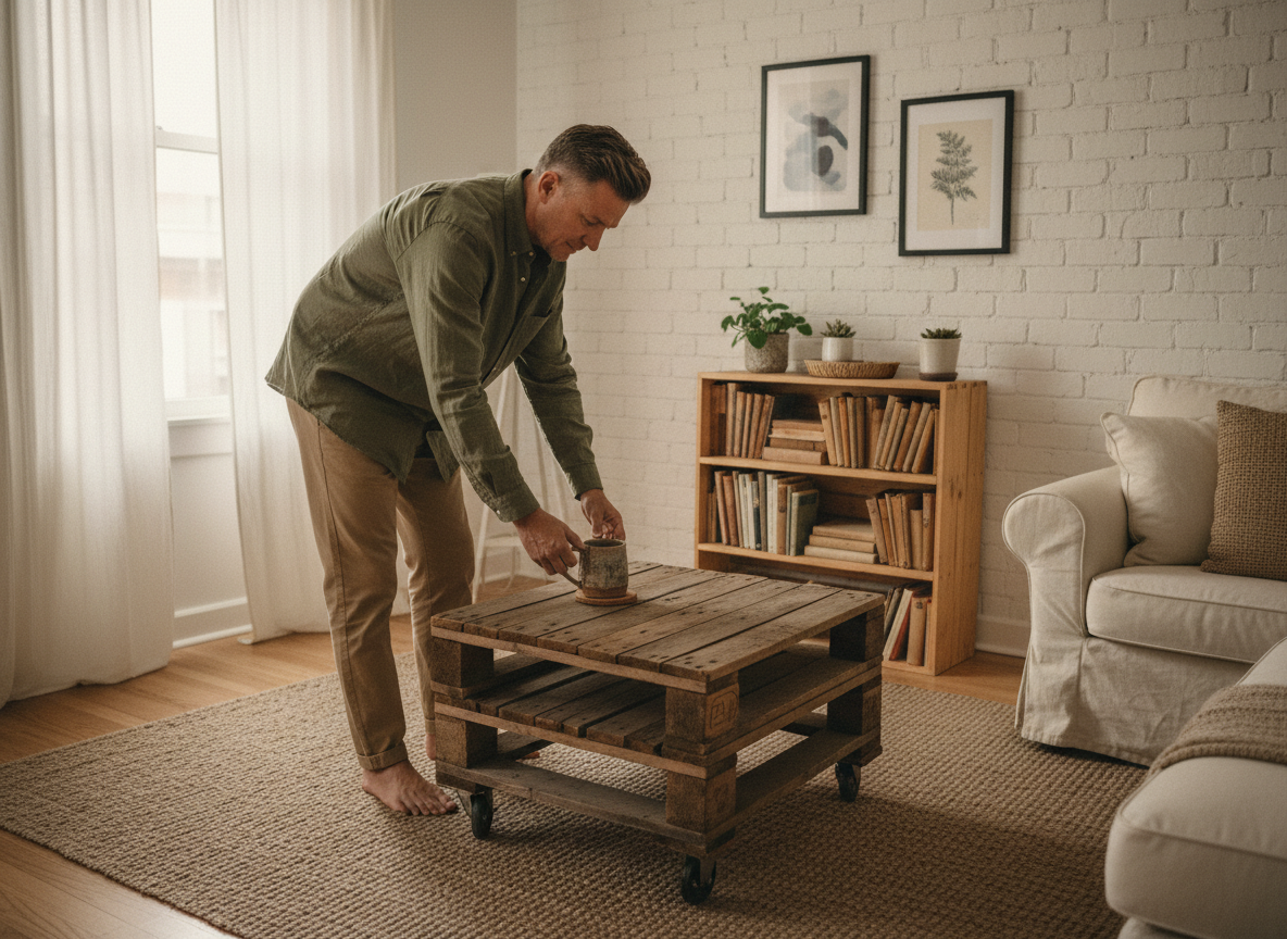 Homme posant une tasse en céramique sur une table en palettes dans un salon lumineux