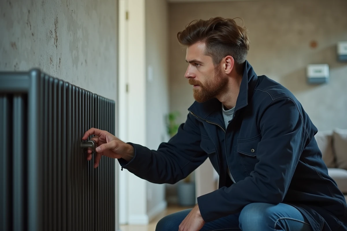 Homme inspectant le thermostat d'un radiateur électrique dans un salon pour optimiser la consommation de chauffage