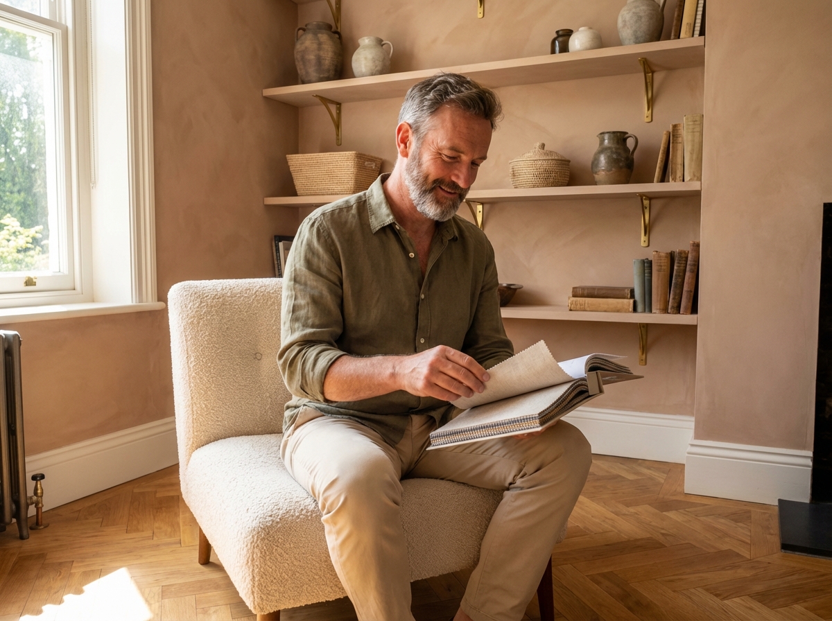 Homme lisant un échantillon de tissu dans un bureau lumineux