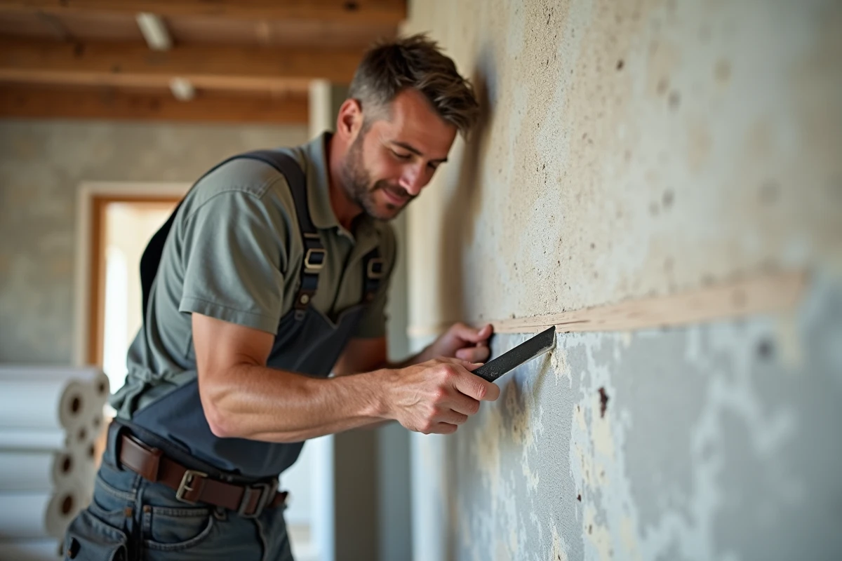 Homme coupant le fibreglwallpaper dans un couloir en rénovation
