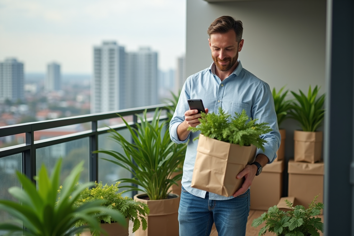 Homme déballant plantes sur balcon urbain