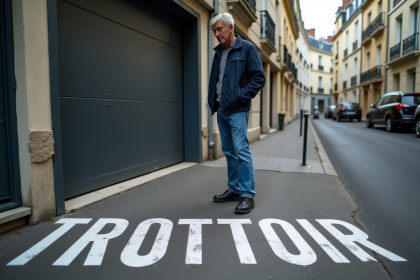 Homme d'âge moyen sur le trottoir parisien avec inscription