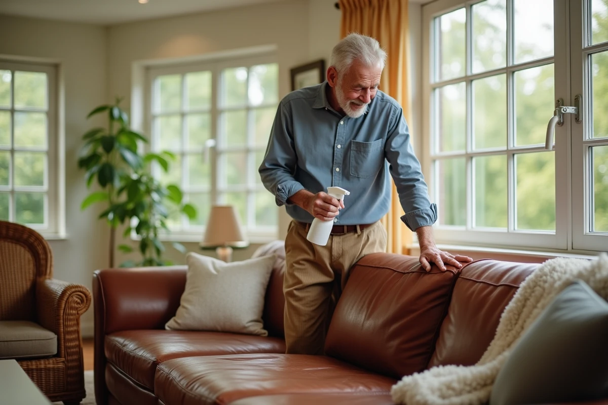 Homme inspectant un canapé en cuir après nettoyage dans une véranda lumineuse