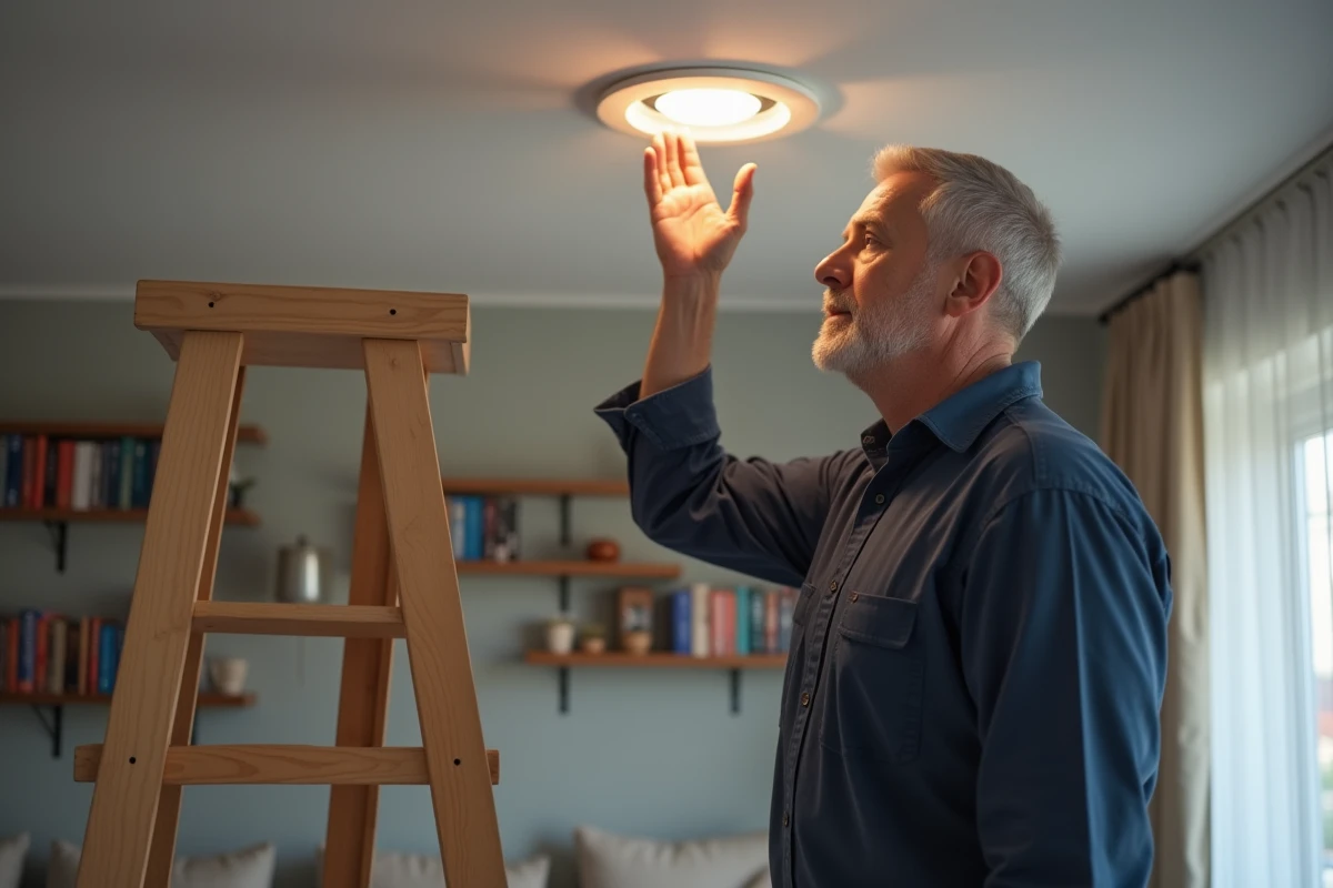 Homme vérifiant un spot LED encastré dans un salon moderne