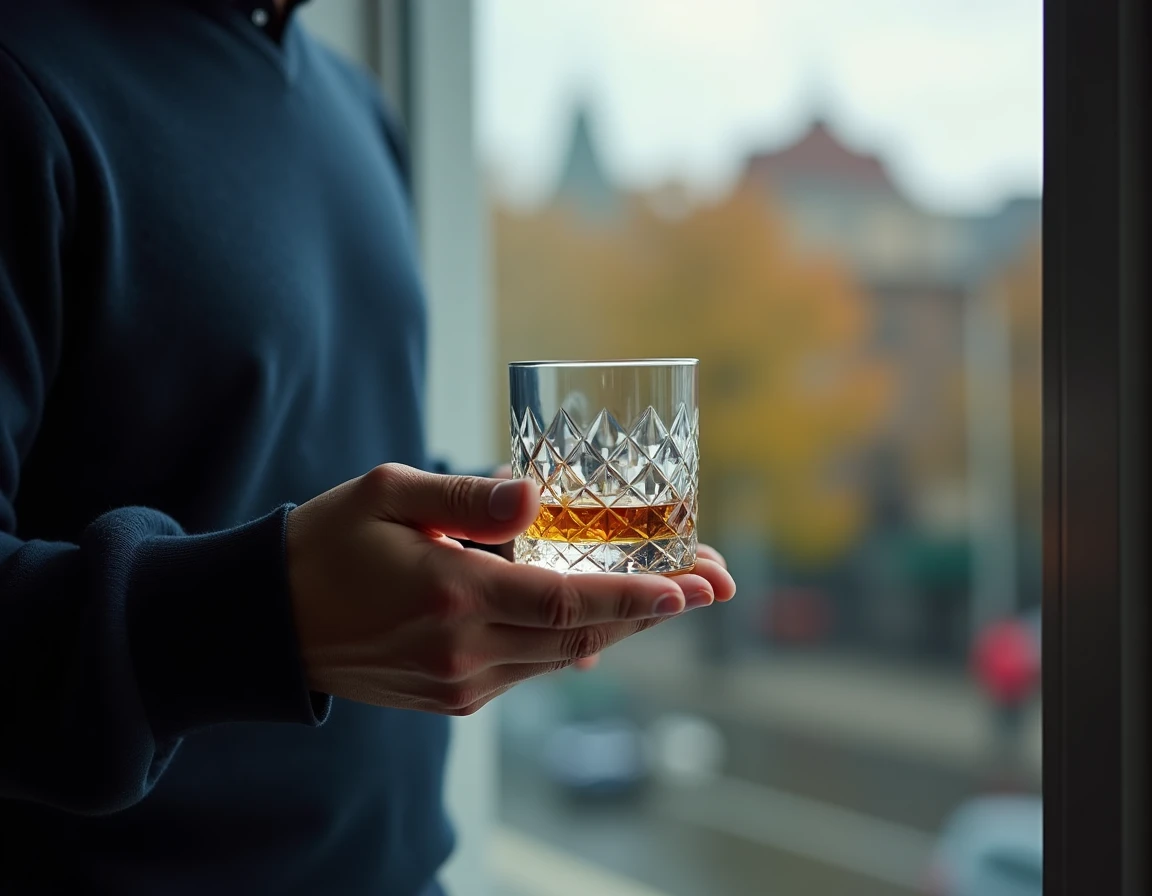 Homme tenant un verre en cristal à whisky taillé devant une fenêtre avec vue urbaine automnale en arrière-plan flou
