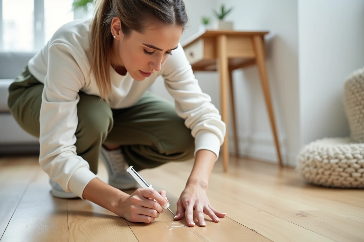 Femme injectant de la résine dans les interstices d'un parquet qui grince pour stopper les grincements