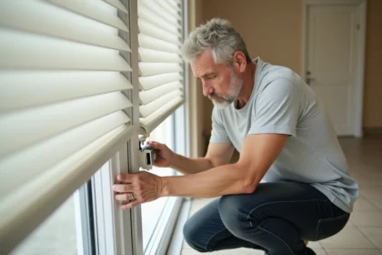 Homme inspectant le mécanisme d'un volet roulant bloqué dans un appartement moderne