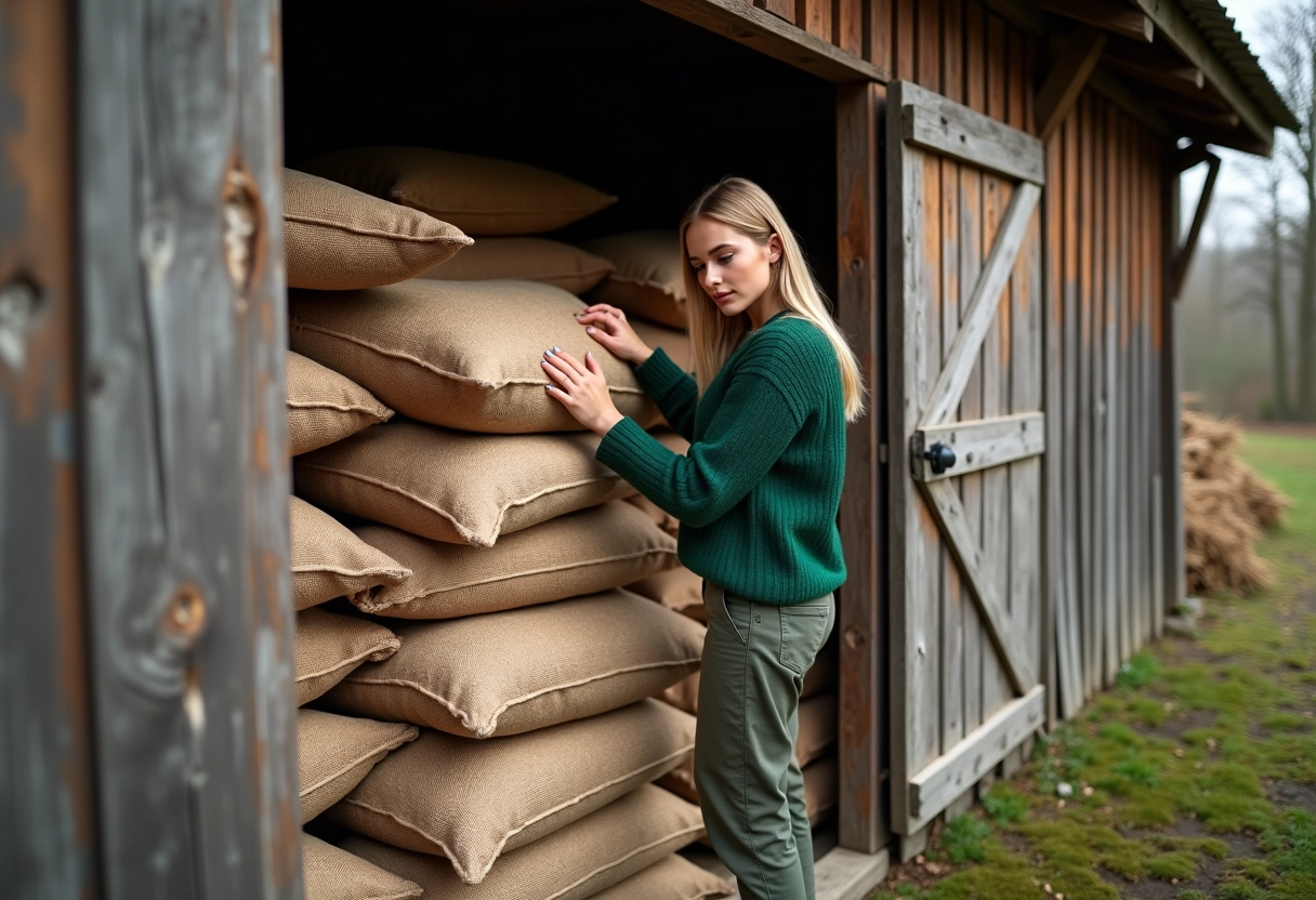 Jeune femme inspectant sacs de pellets dans un abri en bois rustique