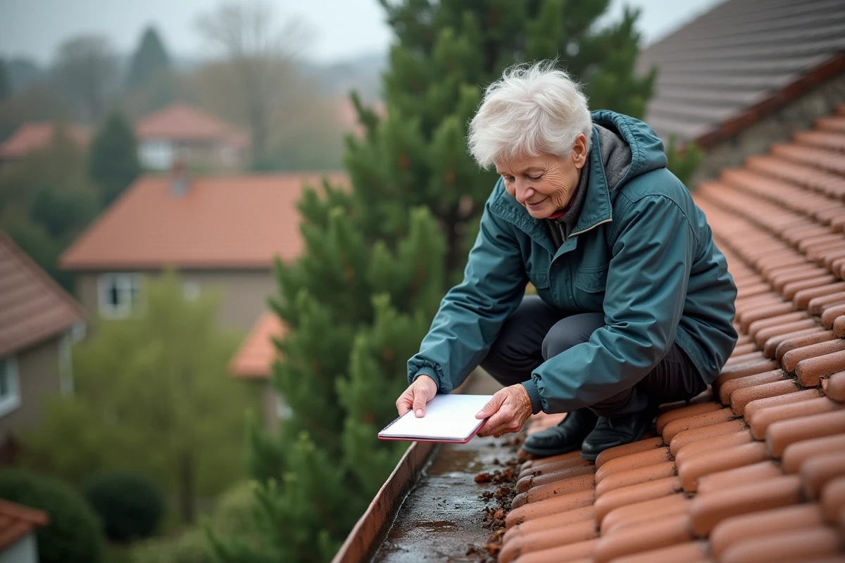 Femme inspectant les tuiles de la gouttière sur le toit de sa maison