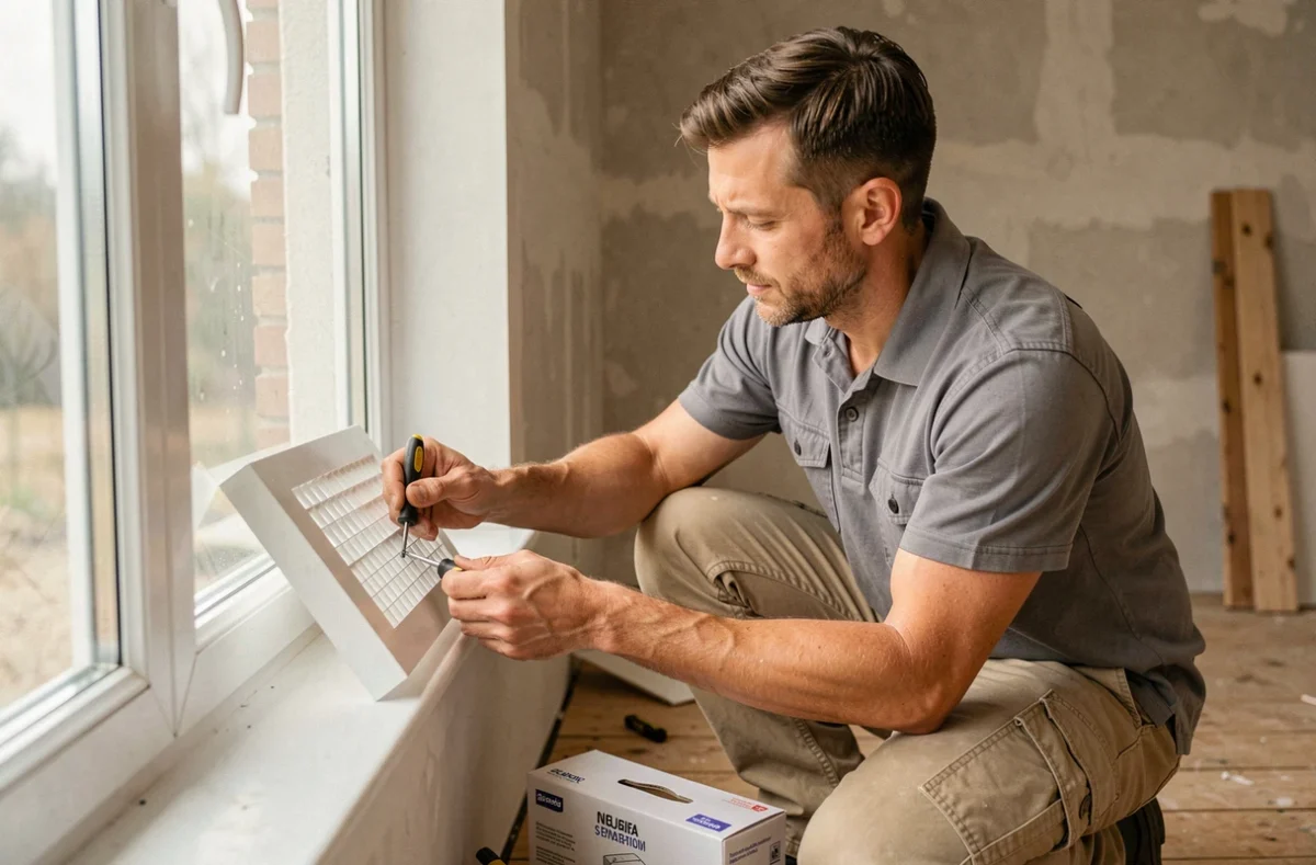 Homme installant un cache de ventilation sur une fenêtre pendant des travaux de rénovation intérieure, avec outils et emballage produit au sol