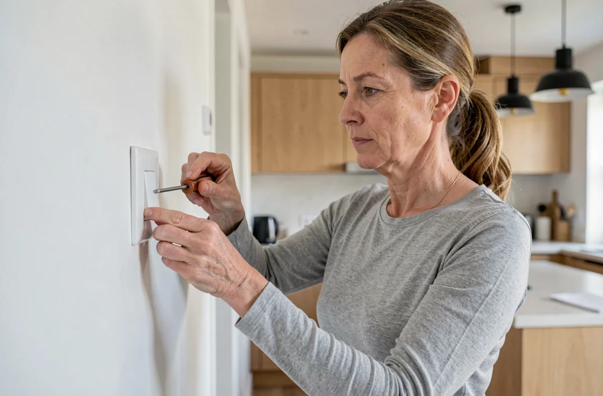 Femme installant un interrupteur va-et-vient dans un couloir de cuisine lors d'une rénovation domestique