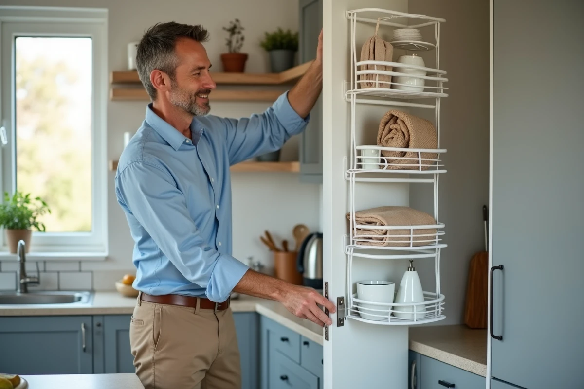 Homme installe un organisateur de porte dans une cuisine moderne