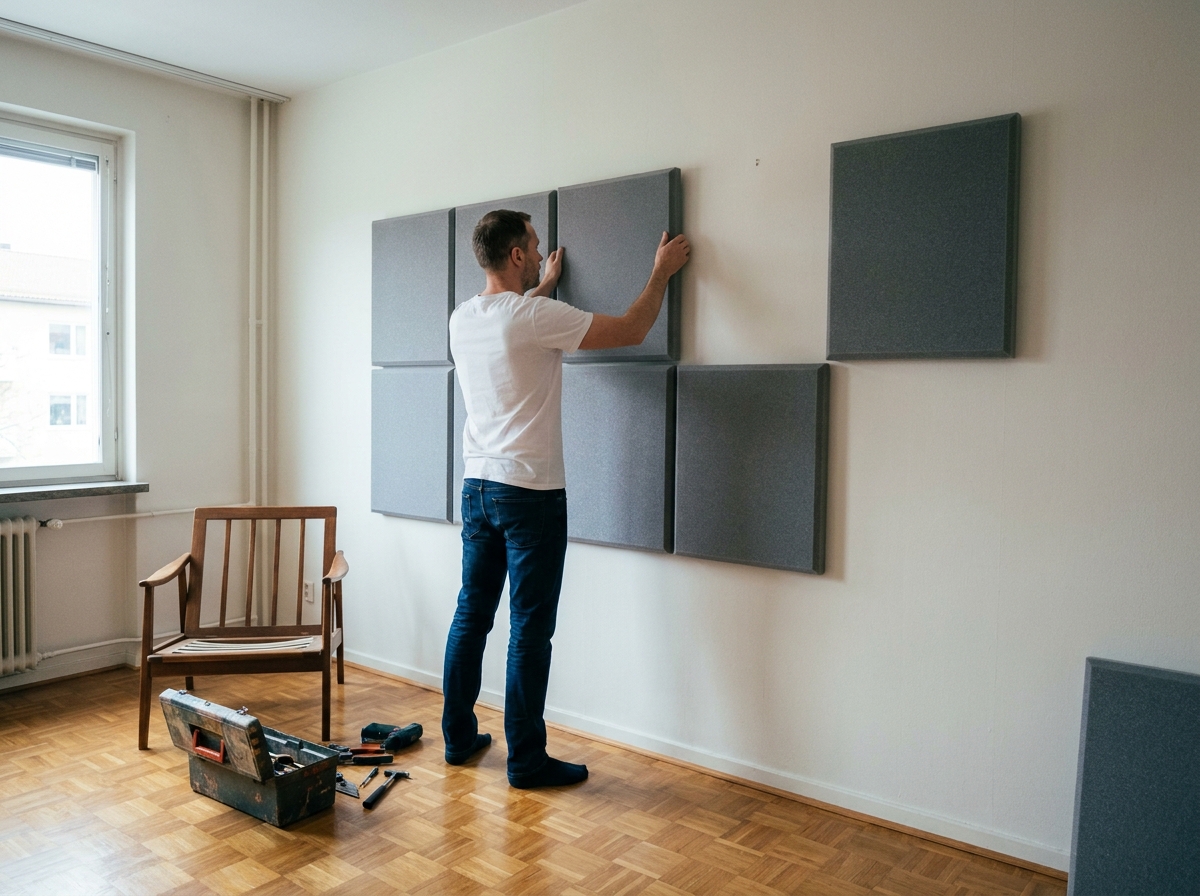 Homme installant des panneaux acoustiques sur un mur intérieur lors d'une pose de mur anti-bruit